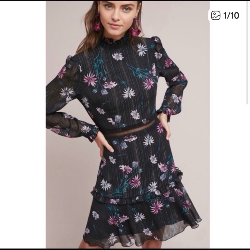 Anthropologie Donna Morgan Dress Black Floral Print High Neck Dress Size 6